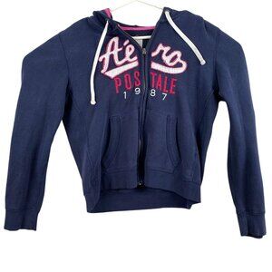 Aeropostale Women Hoodie Jacket Large Navy Full-Zip Fleece Cotton Y2K Drawstring